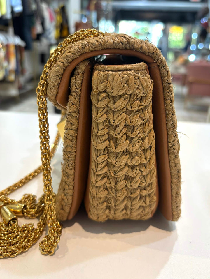 VALENTINO ROMAN ONE STUD RAFFIA &amp; LAMBSKIN LEATHER BAG