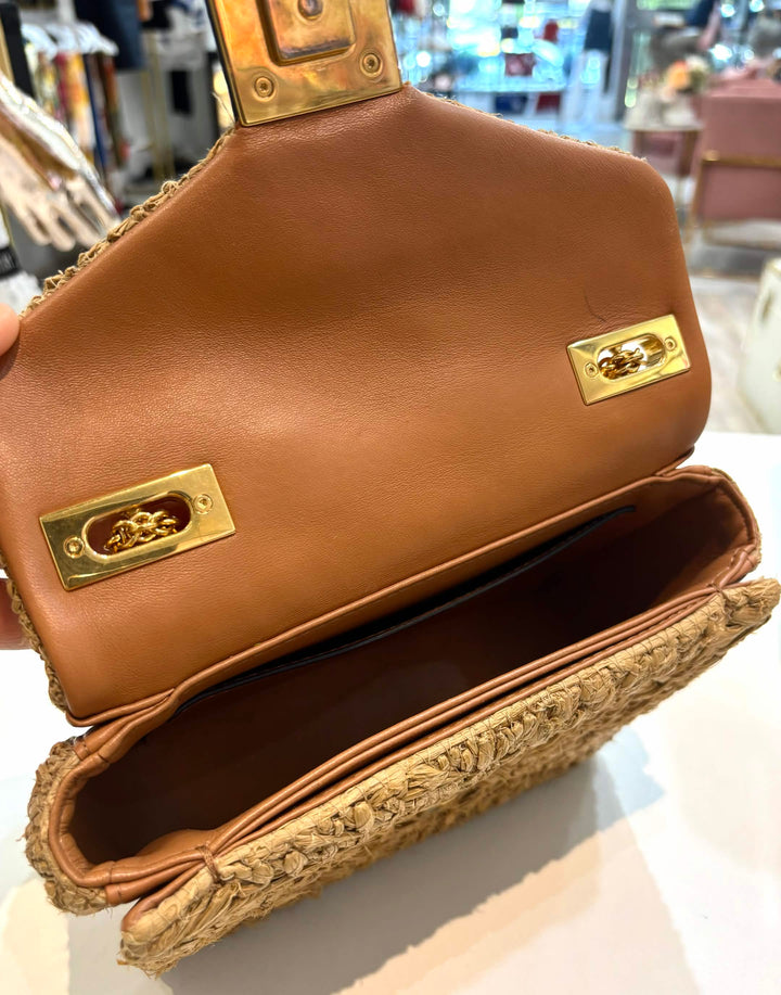 VALENTINO ROMAN ONE STUD RAFFIA &amp; LAMBSKIN LEATHER BAG