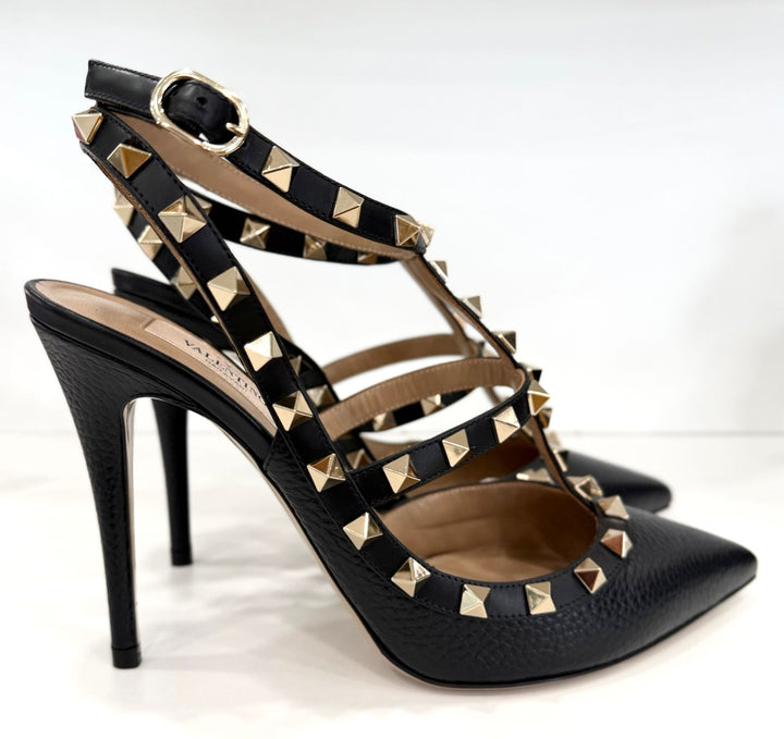 VALENTINO GARAVANI ROCKSTUD GRAINY CALFSKIN 100 ANKLE STRAP PUMPS
