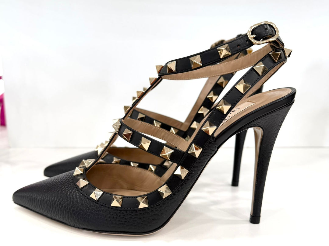 VALENTINO GARAVANI ROCKSTUD GRAINY CALFSKIN 100 ANKLE STRAP PUMPS