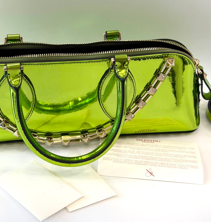 VALENTINO ROCKSTUD EAST WEST METALLIC CALFSKIN TOP HANDLE BAG