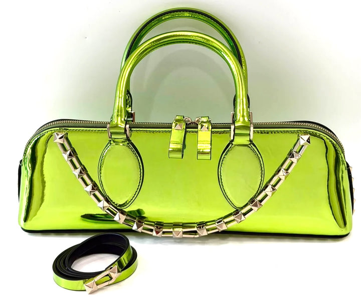VALENTINO ROCKSTUD EAST WEST METALLIC CALFSKIN TOP HANDLE BAG