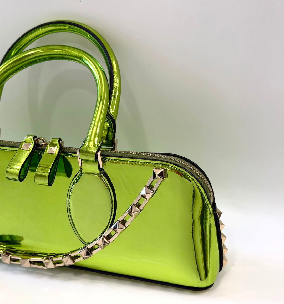 VALENTINO ROCKSTUD EAST WEST METALLIC CALFSKIN TOP HANDLE BAG