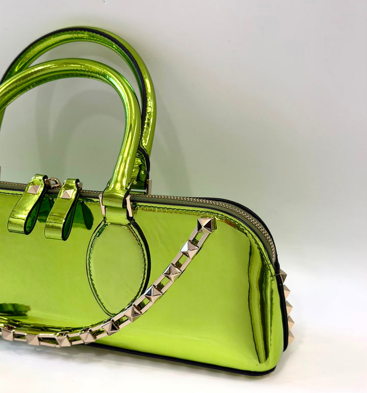 VALENTINO ROCKSTUD EAST WEST METALLIC CALFSKIN TOP HANDLE BAG