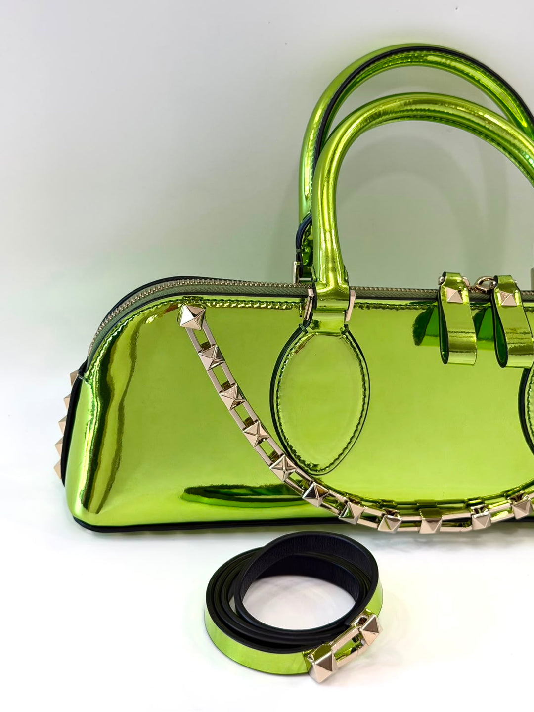 VALENTINO ROCKSTUD EAST WEST METALLIC CALFSKIN TOP HANDLE BAG
