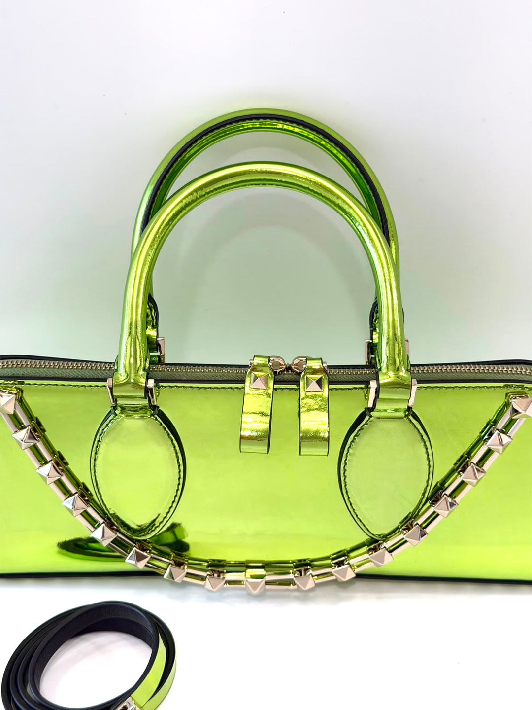 VALENTINO ROCKSTUD EAST WEST METALLIC CALFSKIN TOP HANDLE BAG
