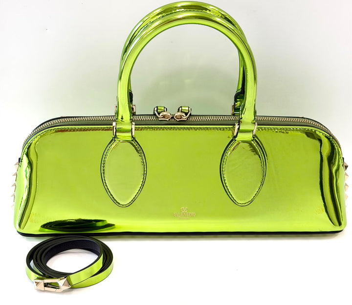 VALENTINO ROCKSTUD EAST WEST METALLIC CALFSKIN TOP HANDLE BAG