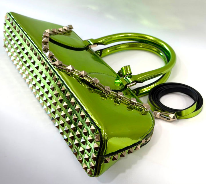 VALENTINO ROCKSTUD EAST WEST METALLIC CALFSKIN TOP HANDLE BAG