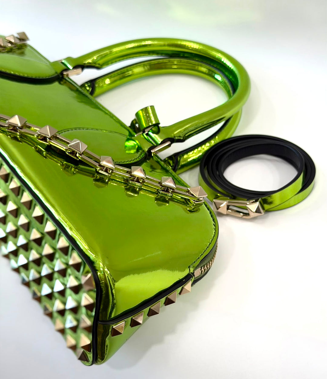 VALENTINO ROCKSTUD EAST WEST METALLIC CALFSKIN TOP HANDLE BAG
