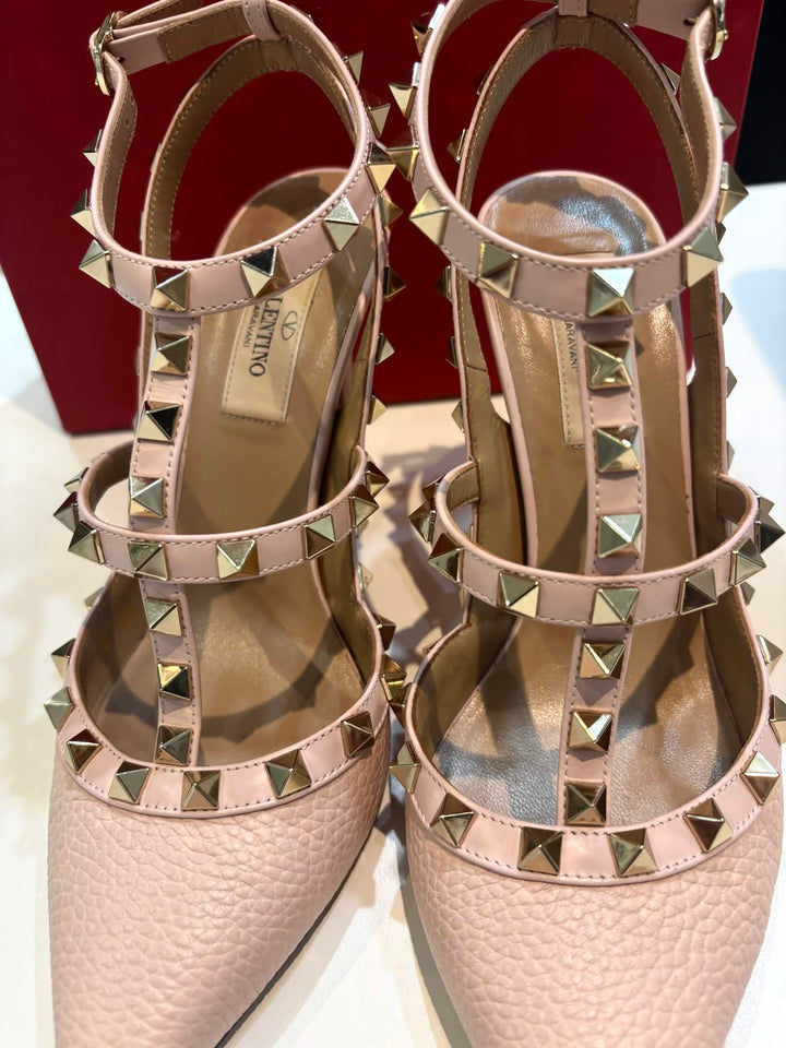 VALENTINO GARAVANI ROCKSTUD 100MM ANKLE STRAP LEATHER PUMPS