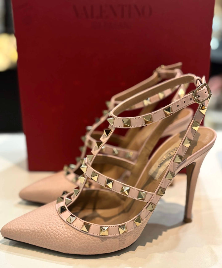 VALENTINO GARAVANI ROCKSTUD 100MM ANKLE STRAP LEATHER PUMPS