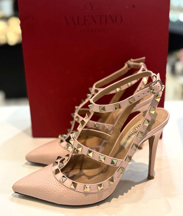 VALENTINO GARAVANI ROCKSTUD 100MM ANKLE STRAP LEATHER PUMPS
