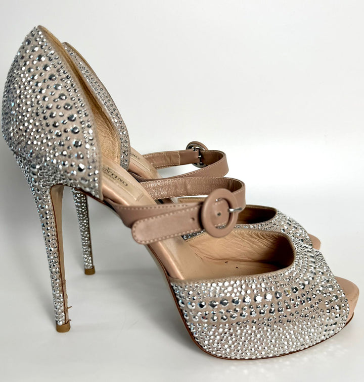 VALENTINO SUEDE CRYSTAL PEEP TOE STRAP PLATFORM PUMPS