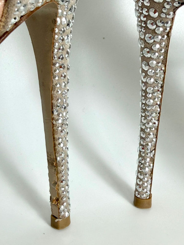 VALENTINO SUEDE CRYSTAL PEEP TOE STRAP PLATFORM PUMPS