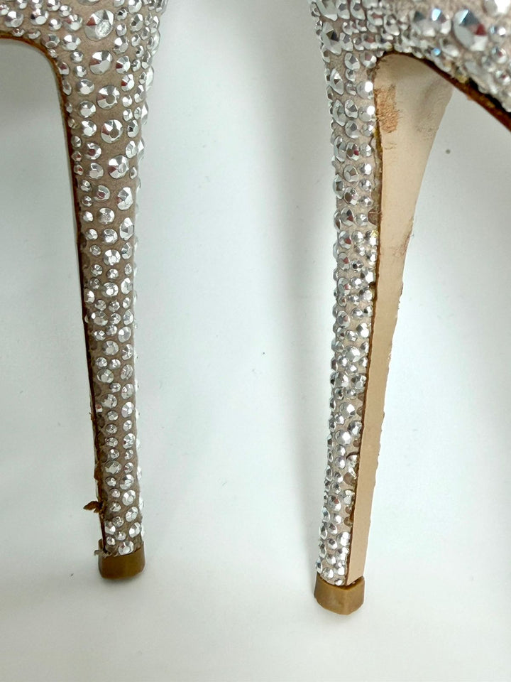 VALENTINO SUEDE CRYSTAL PEEP TOE STRAP PLATFORM PUMPS
