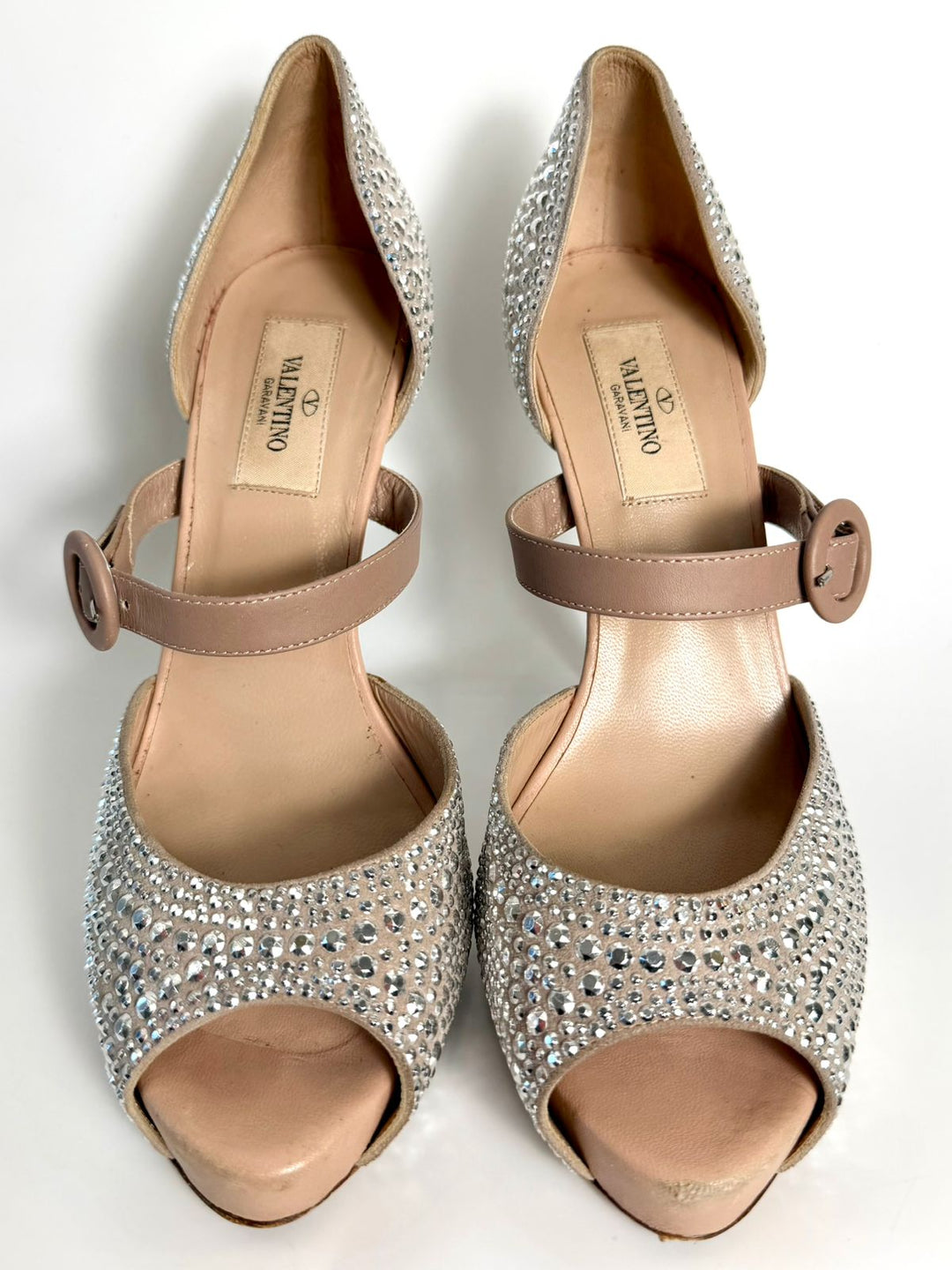 VALENTINO SUEDE CRYSTAL PEEP TOE STRAP PLATFORM PUMPS