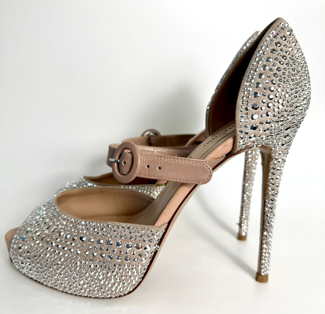 VALENTINO SUEDE CRYSTAL PEEP TOE STRAP PLATFORM PUMPS