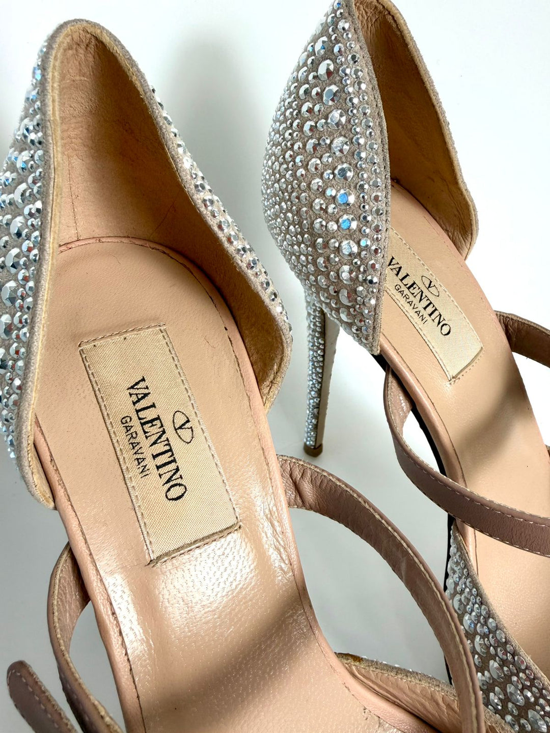 VALENTINO SUEDE CRYSTAL PEEP TOE STRAP PLATFORM PUMPS