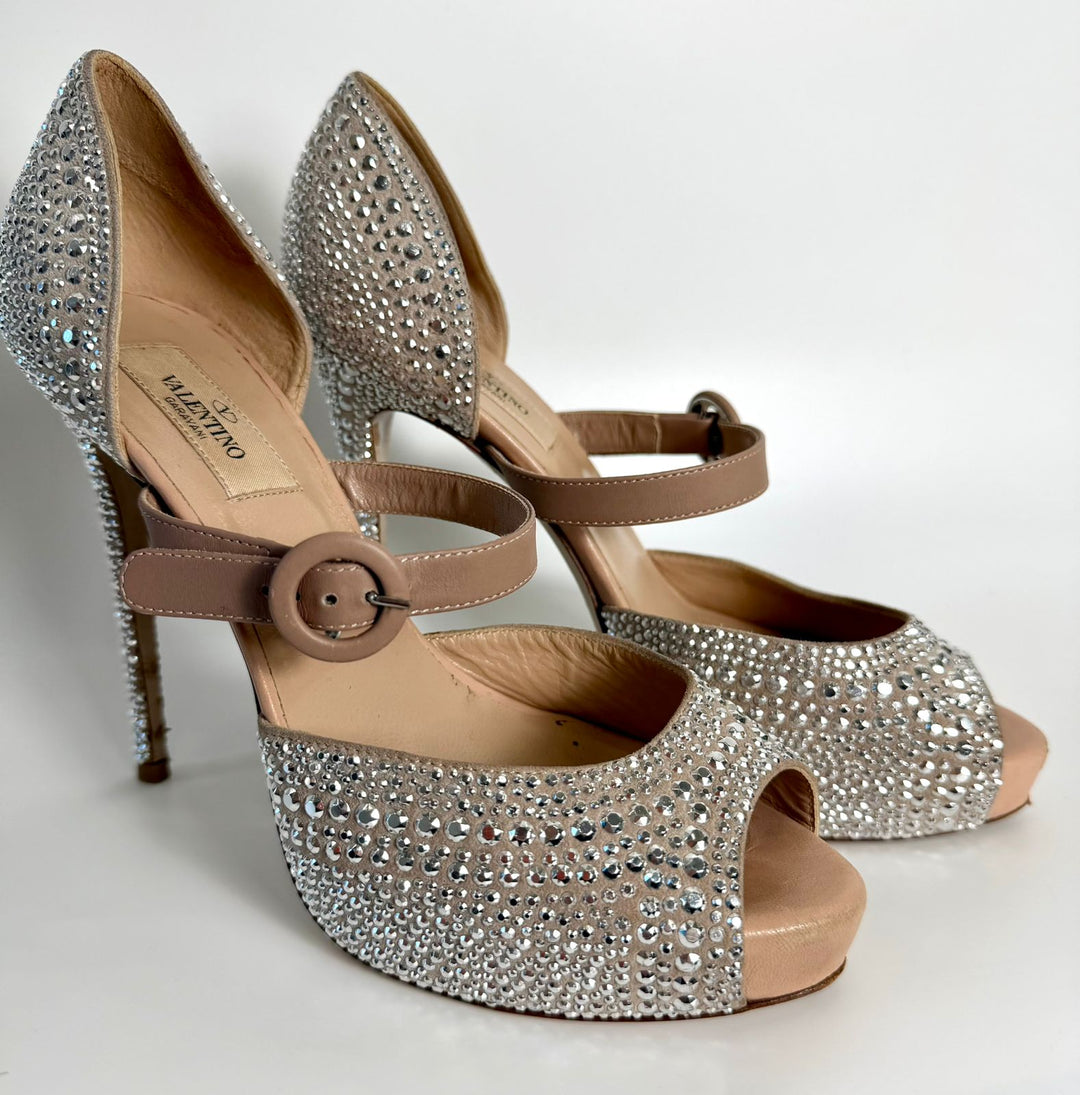VALENTINO SUEDE CRYSTAL PEEP TOE STRAP PLATFORM PUMPS