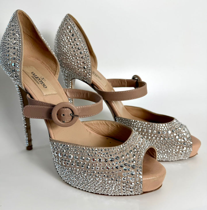 VALENTINO SUEDE CRYSTAL PEEP TOE STRAP PLATFORM PUMPS