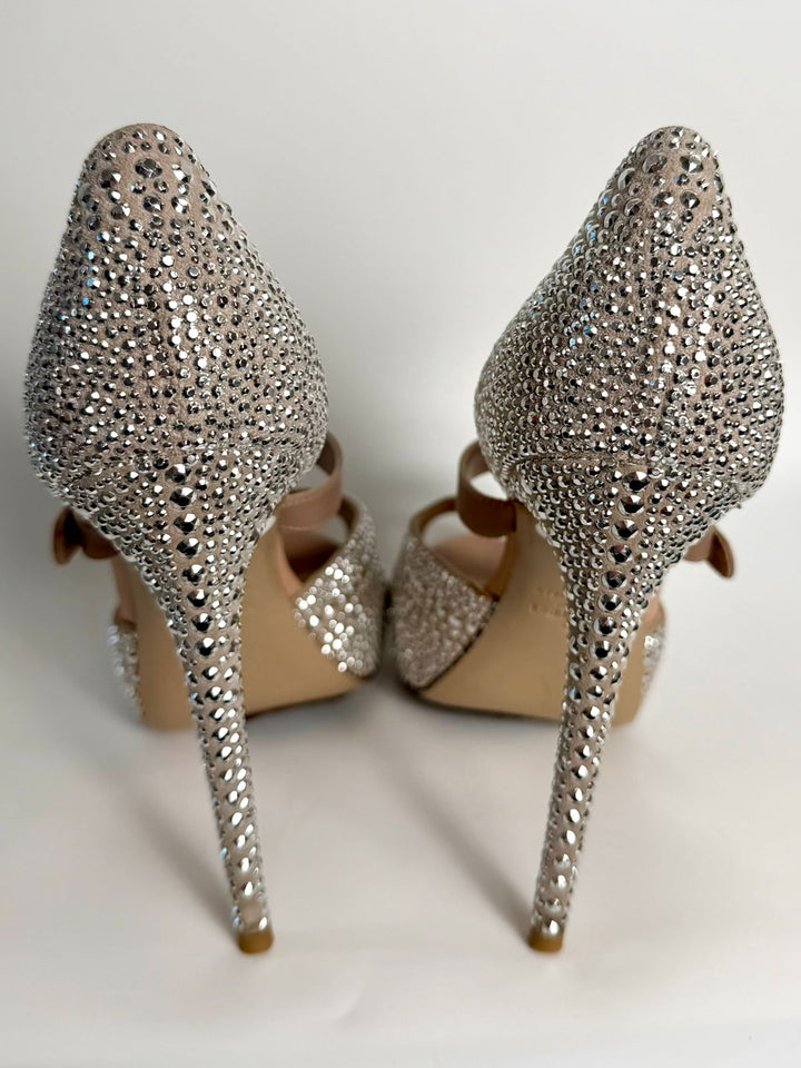 VALENTINO SUEDE CRYSTAL PEEP TOE STRAP PLATFORM PUMPS