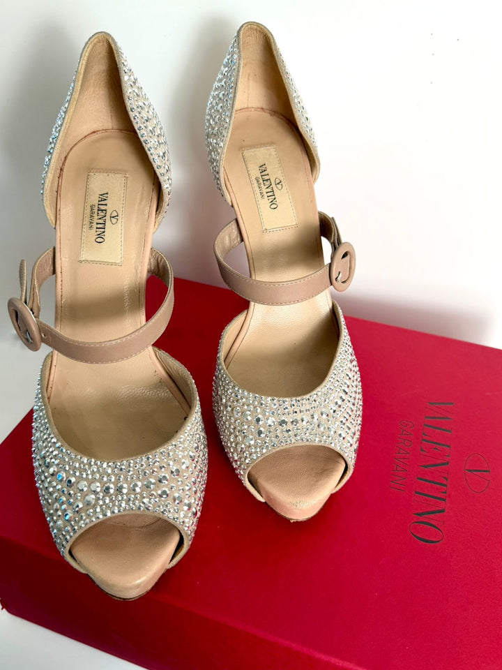 VALENTINO SUEDE CRYSTAL PEEP TOE STRAP PLATFORM PUMPS