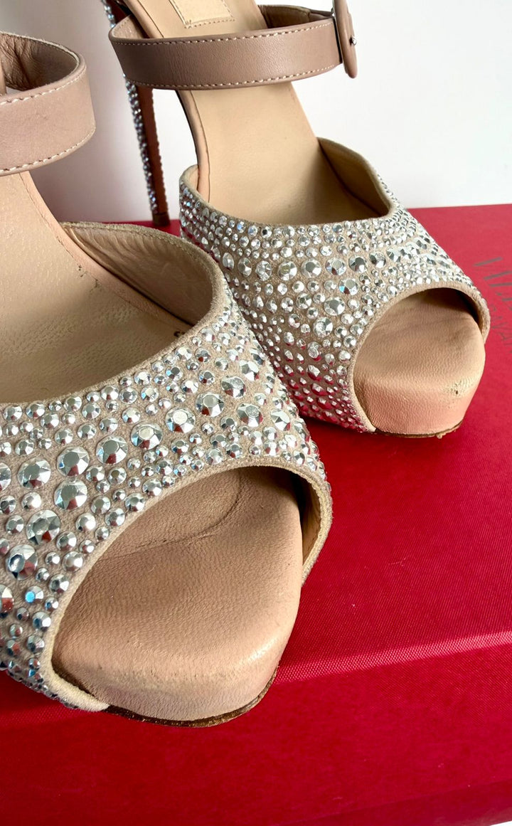 VALENTINO SUEDE CRYSTAL PEEP TOE STRAP PLATFORM PUMPS