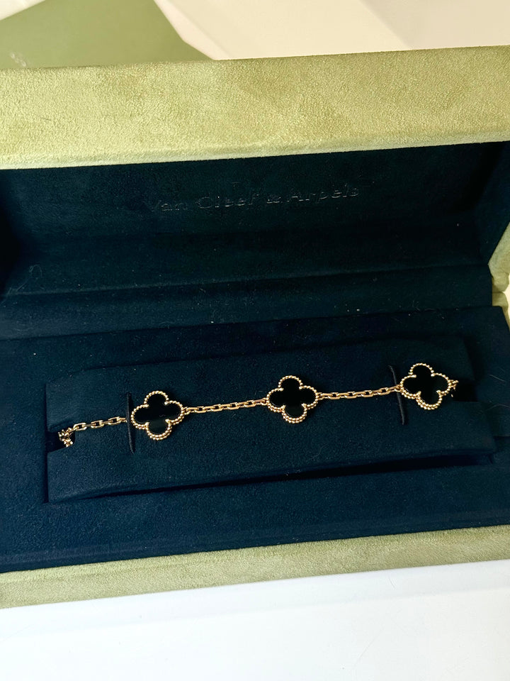 VAN CLEEF &amp; ARPELS 18K GOLD BLACK ONYX VINTAGE ALHAMBRA 5 MOTIFS BRACELET