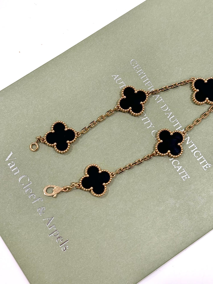 VAN CLEEF &amp; ARPELS 18K GOLD BLACK ONYX VINTAGE ALHAMBRA 5 MOTIFS BRACELET