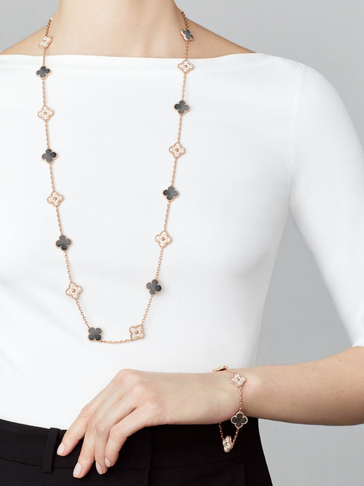 VAN CLEEF &amp; ARPELS VINTAGE ALHAMBRA 20 MOTIFS 18K GOLD DIAMOND MOTHER OF PEARL NECKLACE
