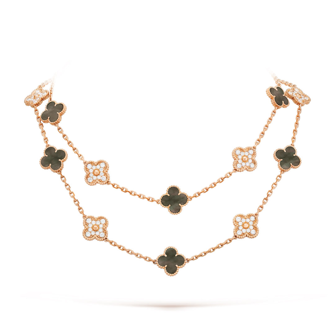 VAN CLEEF &amp; ARPELS VINTAGE ALHAMBRA 20 MOTIFS 18K GOLD DIAMOND MOTHER OF PEARL NECKLACE