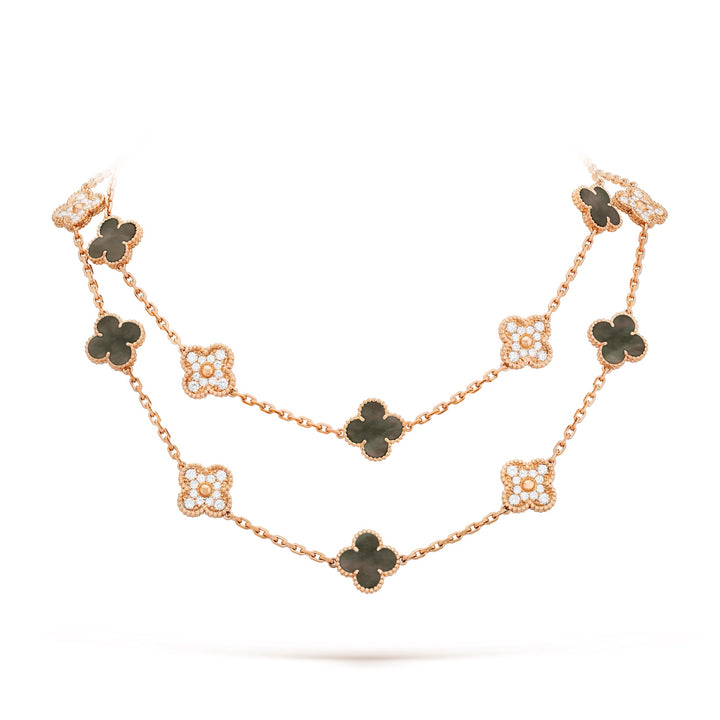 VAN CLEEF &amp; ARPELS VINTAGE ALHAMBRA 20 MOTIFS 18K GOLD DIAMOND MOTHER OF PEARL NECKLACE