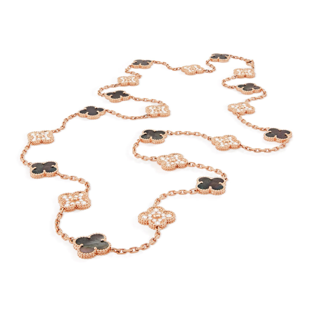VAN CLEEF &amp; ARPELS VINTAGE ALHAMBRA 20 MOTIFS 18K GOLD DIAMOND MOTHER OF PEARL NECKLACE