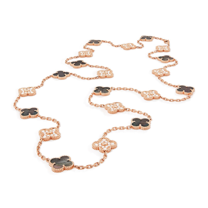 VAN CLEEF &amp; ARPELS VINTAGE ALHAMBRA 20 MOTIFS 18K GOLD DIAMOND MOTHER OF PEARL NECKLACE
