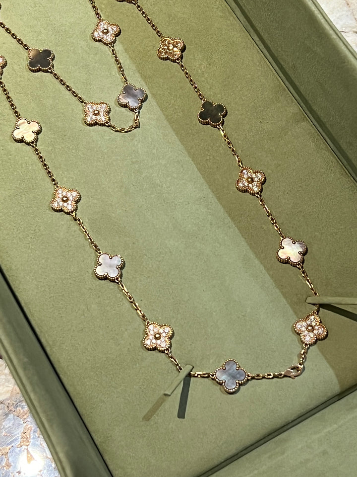 VAN CLEEF &amp; ARPELS VINTAGE ALHAMBRA 20 MOTIFS 18K GOLD DIAMOND MOTHER OF PEARL NECKLACE