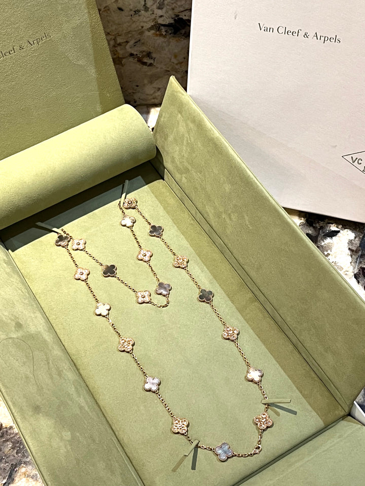 VAN CLEEF &amp; ARPELS VINTAGE ALHAMBRA 20 MOTIFS 18K GOLD DIAMOND MOTHER OF PEARL NECKLACE