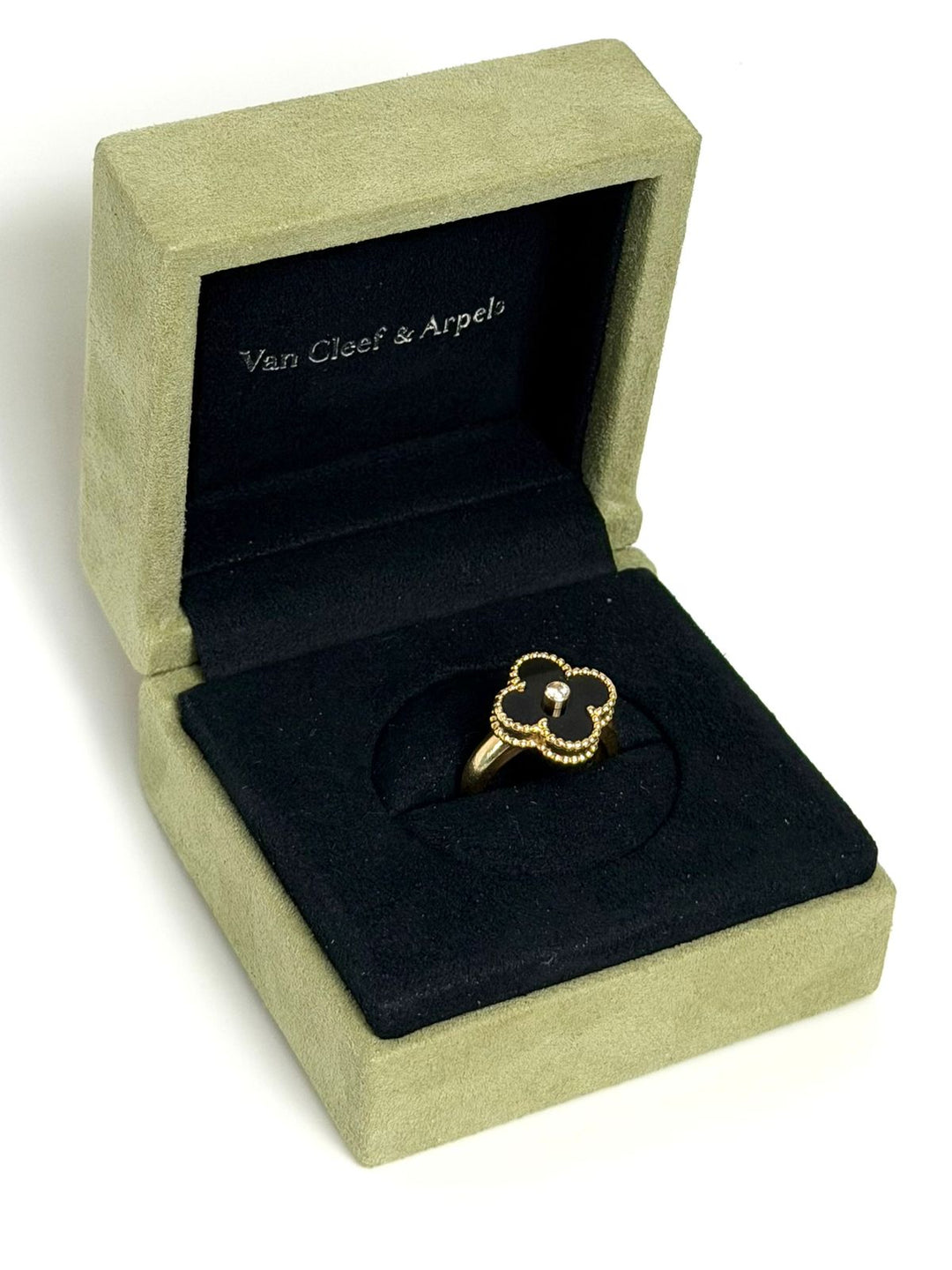 VCA 18K YELLOW GOLD BLACK ONYX &amp; DIAMOND VINTAGE ALHAMBRA RING