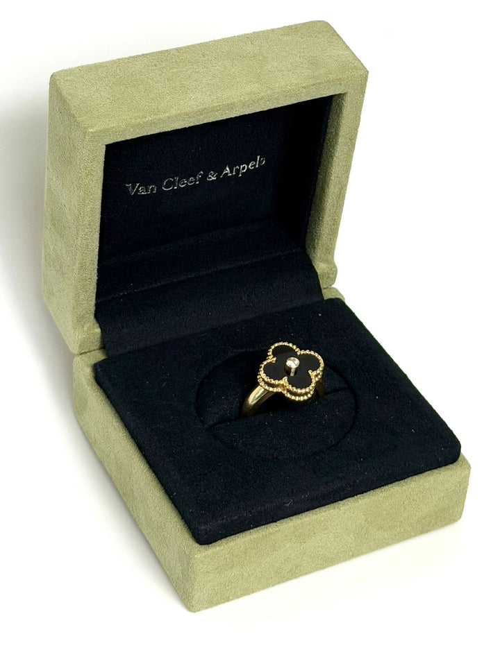 VCA 18K YELLOW GOLD BLACK ONYX &amp; DIAMOND VINTAGE ALHAMBRA RING