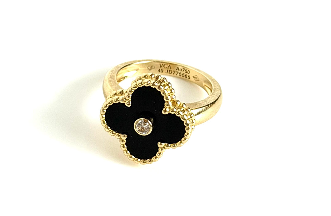 VCA 18K YELLOW GOLD BLACK ONYX &amp; DIAMOND VINTAGE ALHAMBRA RING