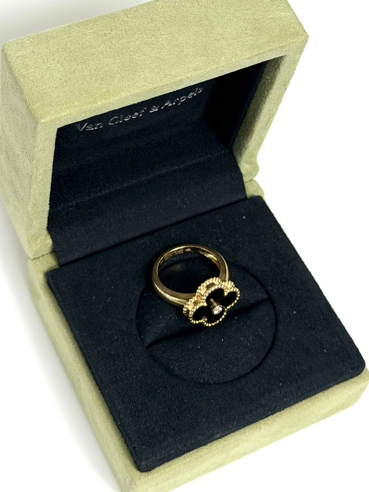 VCA 18K YELLOW GOLD BLACK ONYX &amp; DIAMOND VINTAGE ALHAMBRA RING