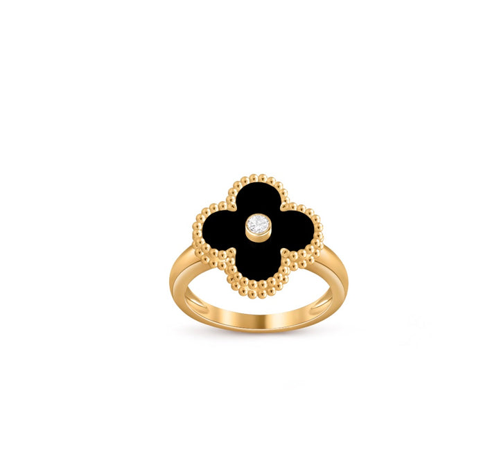 VCA 18K YELLOW GOLD BLACK ONYX &amp; DIAMOND VINTAGE ALHAMBRA RING