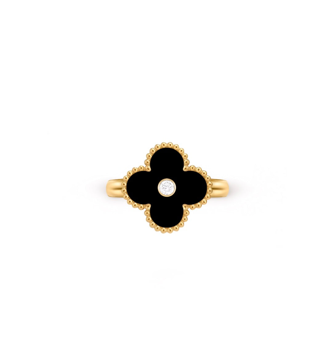 VCA 18K YELLOW GOLD BLACK ONYX &amp; DIAMOND VINTAGE ALHAMBRA RING