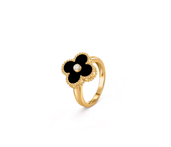 VCA 18K YELLOW GOLD BLACK ONYX &amp; DIAMOND VINTAGE ALHAMBRA RING