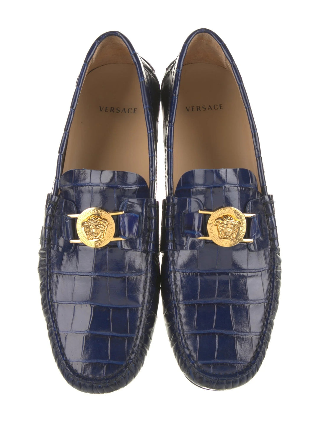 VERSACE CROC EMBOSSED LEATHER LA MEDUSA LOAFERS