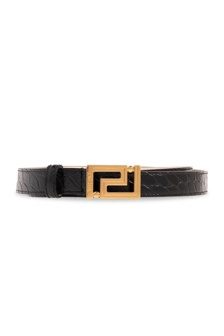 VERSACE GRECA GODDES CROC EMBOSSED LEATHER BELT