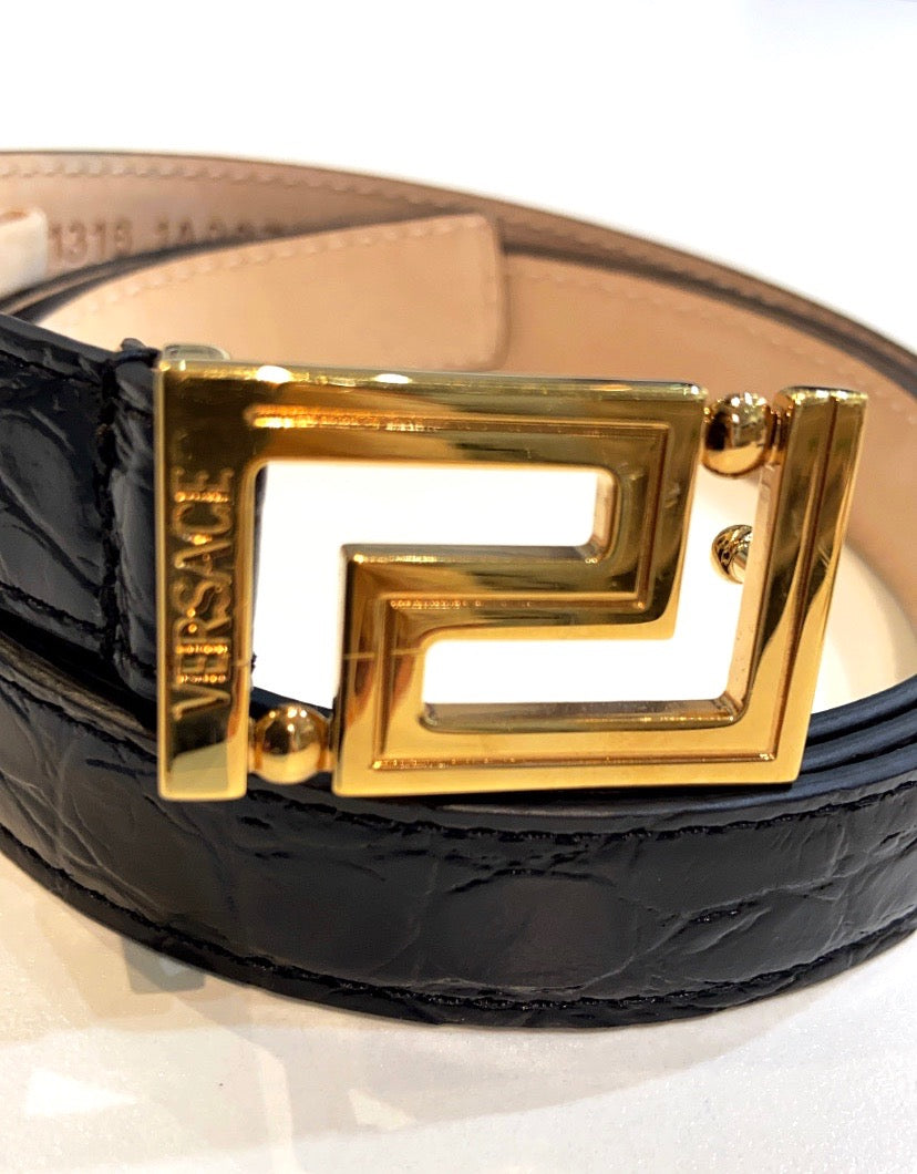 VERSACE GRECA GODDES CROC EMBOSSED LEATHER BELT