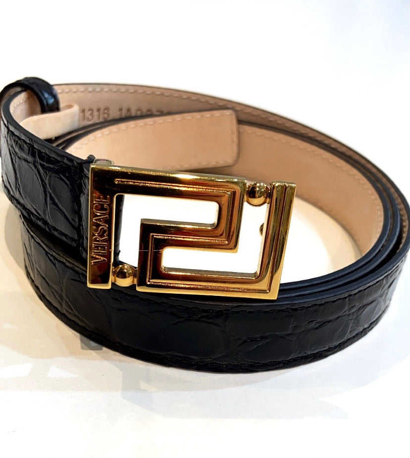 VERSACE GRECA GODDES CROC EMBOSSED LEATHER BELT