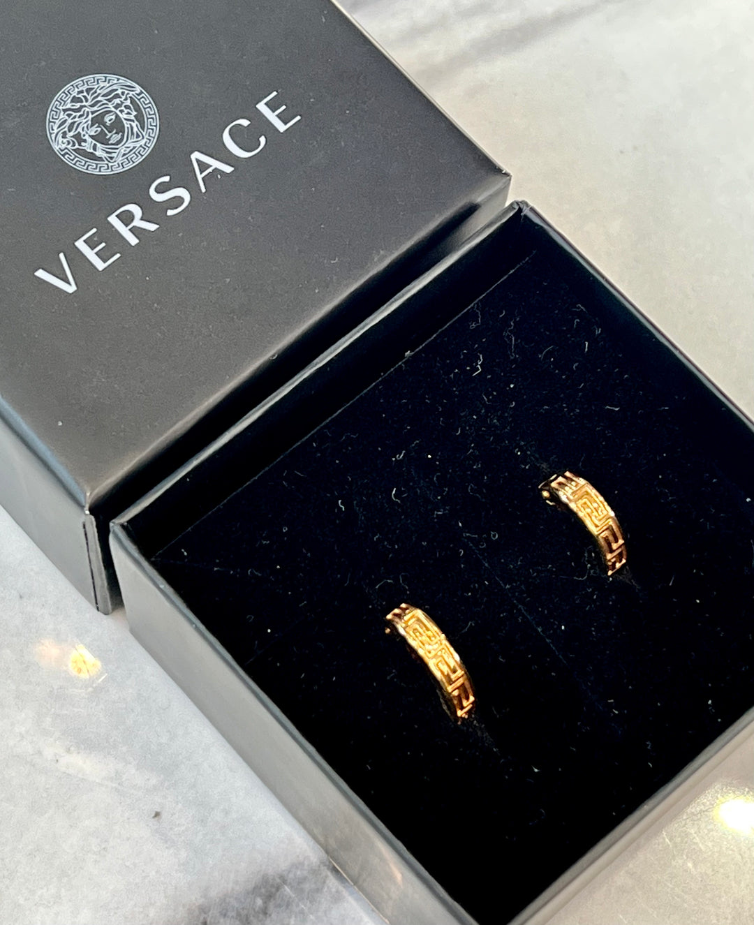VERSACE GRECA EMBOSSED HOOP EARRINGS