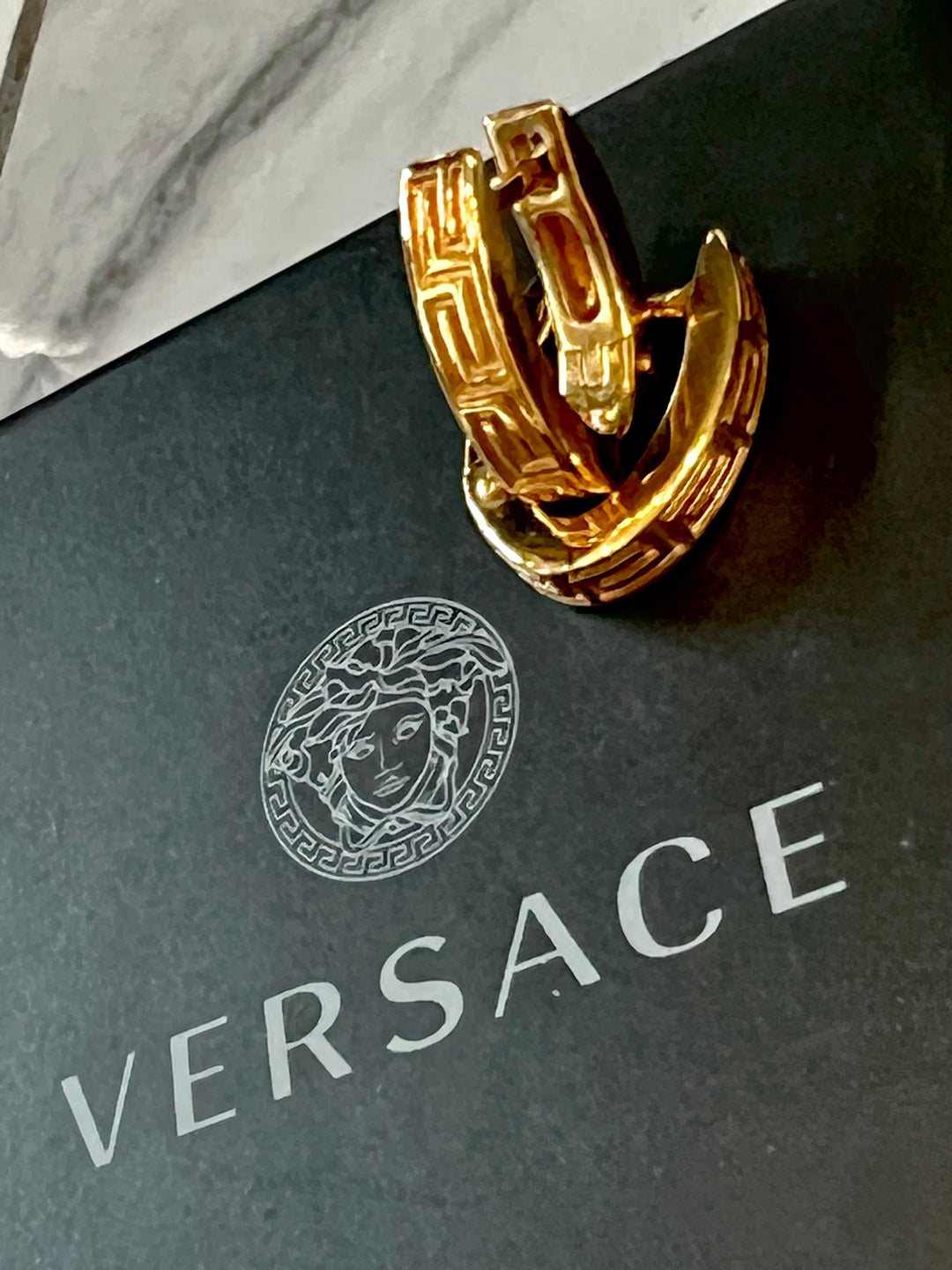 VERSACE GRECA EMBOSSED HOOP EARRINGS