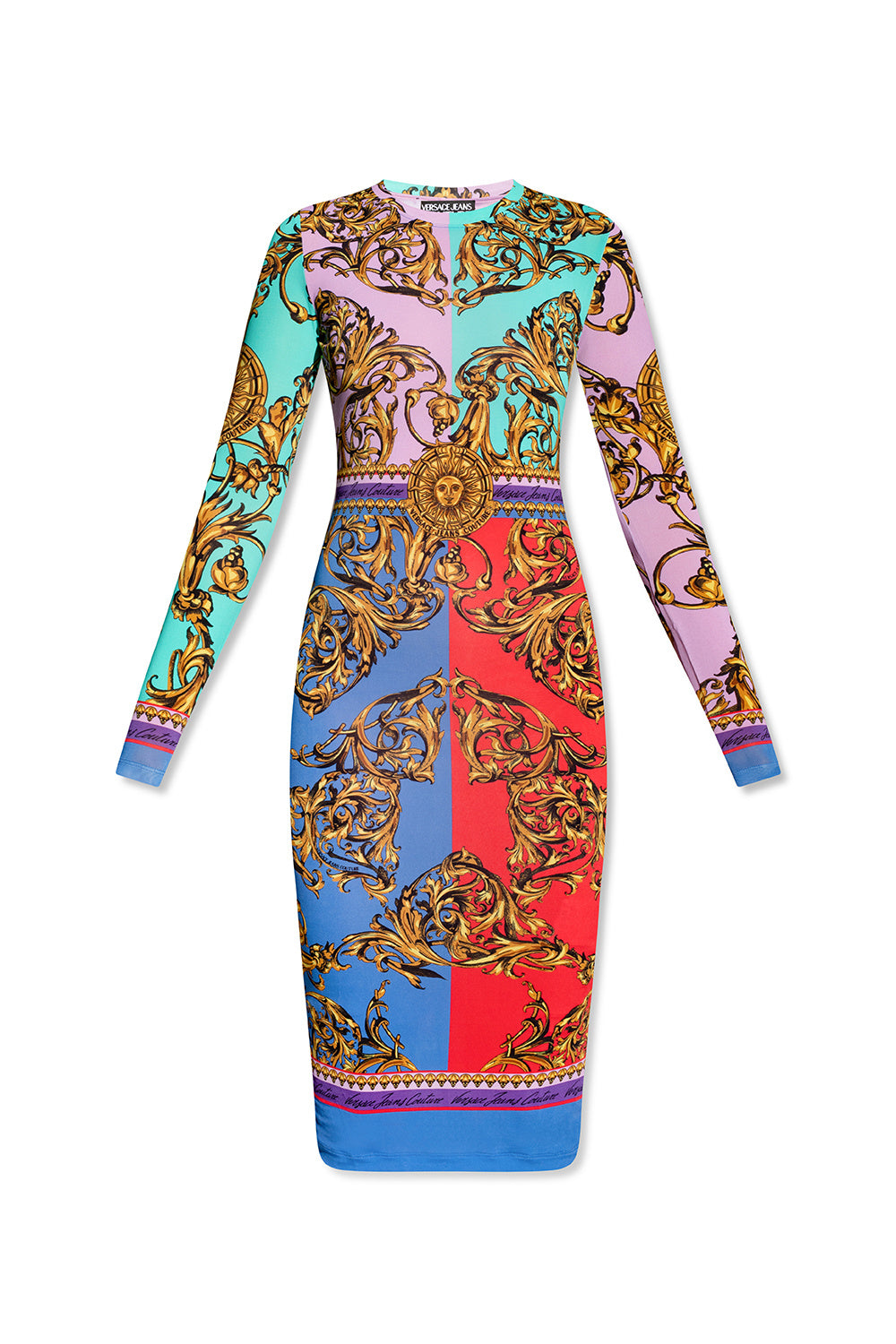 【関税&送料込み】Versace Multicolor Dress With Pointed Co VERSACE JEANS COUTURE MULTICOLOR PATTERNED DRESS